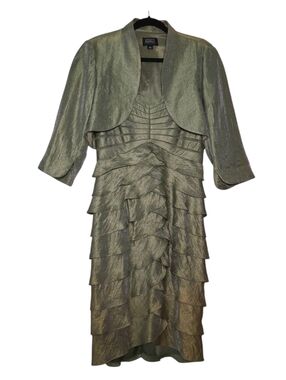 Adrianna Papell Dress and Bolero Set Green Shimmer Tiered V-Neck Formal